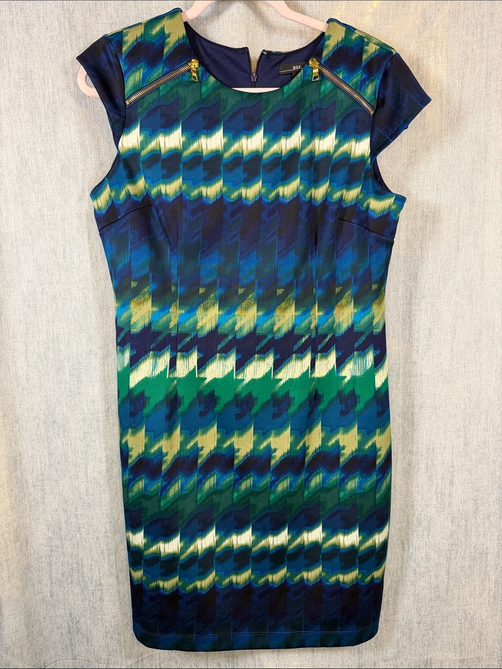 R&K 12P Blue Green Ikat Print Sheath Dress Zipper Detail Cap Sleeve Office